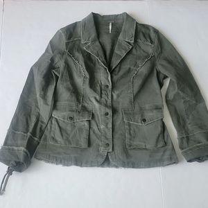 Free People Women's Medium Ruffled Moss Green Jacket Collar Snap Closure